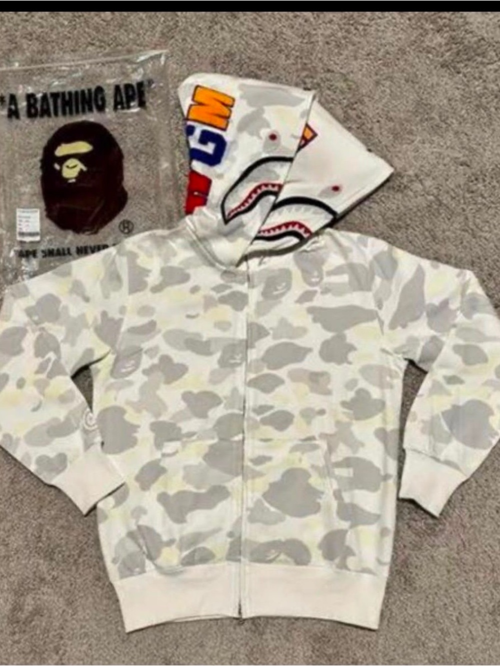 Bape Men’s White & Gray Camo Shark Zip-Up Hoodie